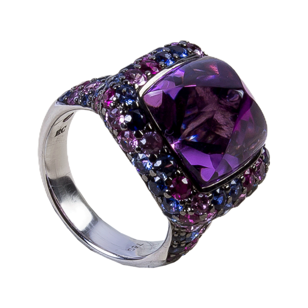 Anillo oro blanco con brillantes y zafiro - Imagen 2