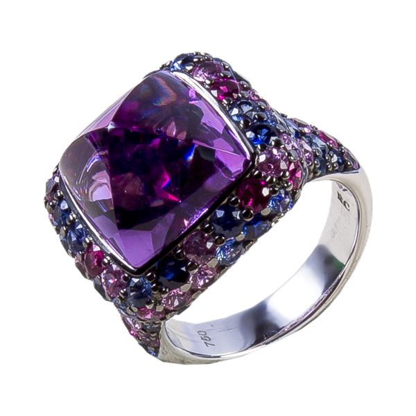 Anillo oro blanco con brillantes y zafiro